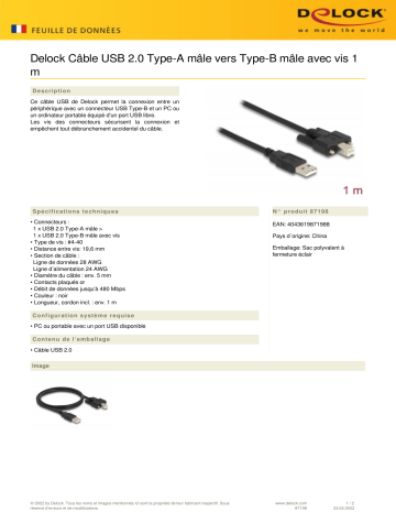 DeLOCK 87198 Cable USB 2.0 Type-A male to Type-B male Fiche technique | Fixfr