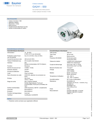 Baumer GA241 - SSI Absolute encoder Fiche technique | Fixfr