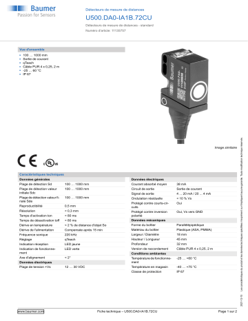 Baumer U500.DA0-IA1B.72CU Ultrasonic distance measuring sensor Fiche technique | Fixfr