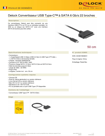 DeLOCK 63803 USB Type-C™ Converter to 22 pin SATA 6 Gb/s Fiche technique | Fixfr