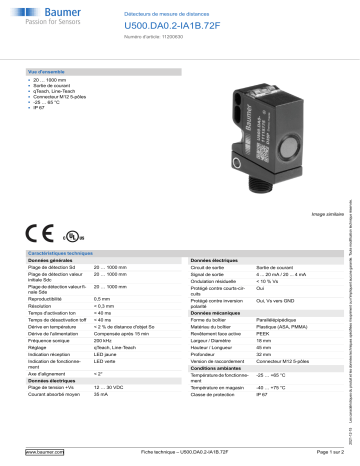 Baumer U500.DA0.2-IA1B.72F Ultrasonic distance measuring sensor Fiche technique | Fixfr