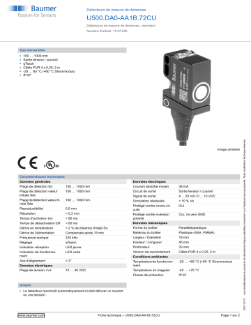 Baumer U500.DA0-AA1B.72CU Ultrasonic distance measuring sensor Fiche technique | Fixfr