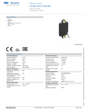 Baumer CFDK 25G1125/LN4 Capacitive proximity sensor Fiche technique | Fixfr