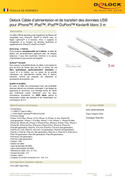 DeLOCK 83003 USB data and power cable for iPhone™, iPad™, iPod™ DuPont™ Kevlar® white 3 m Fiche technique