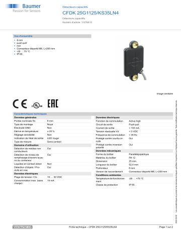 Baumer CFDK 25G1125/KS35LN4 Capacitive proximity sensor Fiche technique | Fixfr