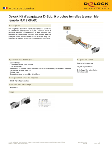 DeLOCK 66759 Adapter D-Sub 9 pin female to RJ12 6P/6C female Assembly Kit Fiche technique | Fixfr