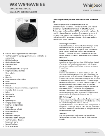 Whirlpool W8 W946WB EE Washing machine Manuel utilisateur | Fixfr