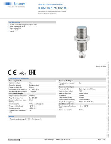 Baumer IFRM 18P37M1/S14L Inductive proximity switch Fiche technique | Fixfr