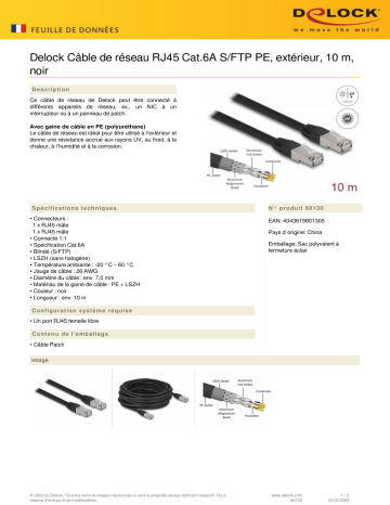 DeLOCK 80130 RJ45 Network Cable Cat.6A S/FTP PE Outdoor 10 m black Fiche technique | Fixfr