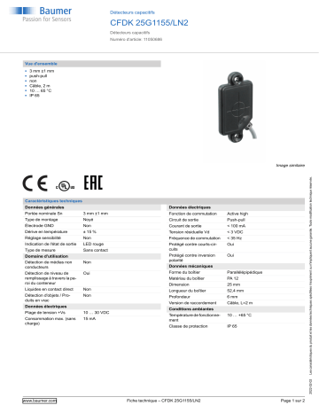 Baumer CFDK 25G1155/LN2 Capacitive proximity sensor Fiche technique | Fixfr