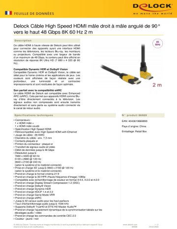 DeLOCK 86989 High Speed HDMI cable male straight to male 90° upwards angled 48 Gbps 8K 60 Hz 2 m Fiche technique | Fixfr