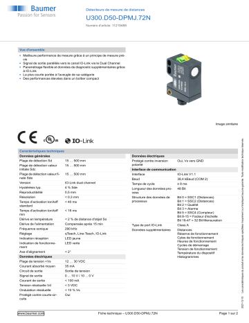 Baumer U300.D50-DPMJ.72N Ultrasonic distance measuring sensor Fiche technique | Fixfr