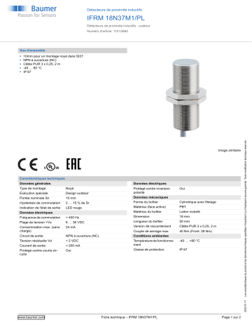 Baumer IFRM 18N37M1/PL Inductive proximity switch Fiche technique | Fixfr