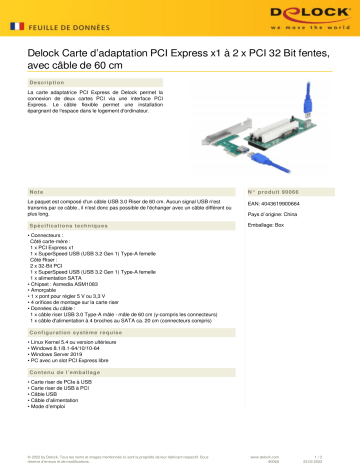 DeLOCK 90066 Riser Card PCI Express x1 to 2 x PCI 32 Bit Slot Fiche technique | Fixfr