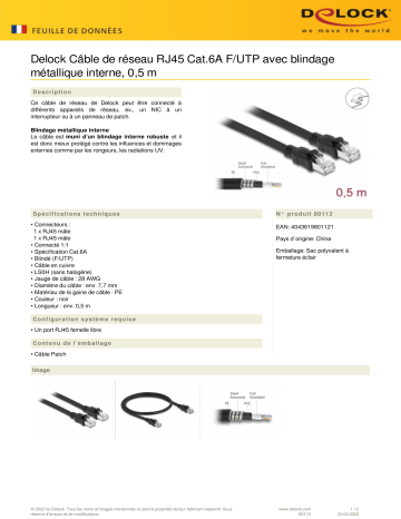 DeLOCK 80112 Network cable RJ45 Cat.6A F/UTP Fiche technique | Fixfr