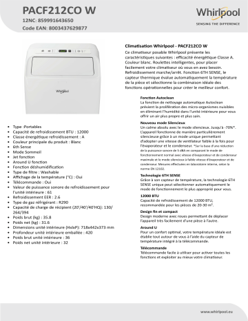 Whirlpool PACF212CO W Air Conditioner Manuel utilisateur | Fixfr