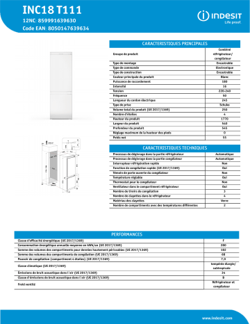 Indesit INC18 T111 Fridge/freezer combination Manuel utilisateur | Fixfr