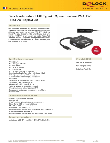 DeLOCK 63129 USB Type-C™ adapter for a VGA, DVI, HDMI or DisplayPort monitor Fiche technique | Fixfr