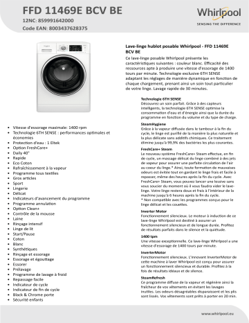 Whirlpool FFD 11469E BCV BE Washing machine Manuel utilisateur | Fixfr