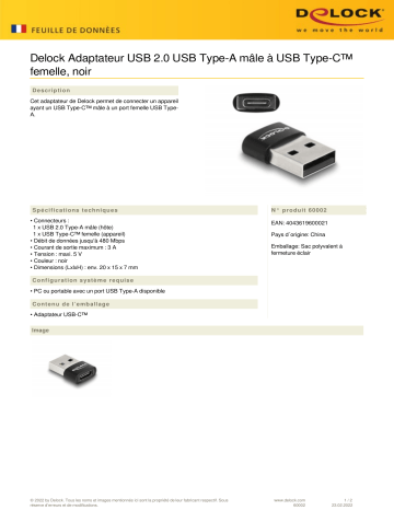DeLOCK 60002 USB 2.0 Adapter USB Type-A male to USB Type-C™ female black Fiche technique | Fixfr