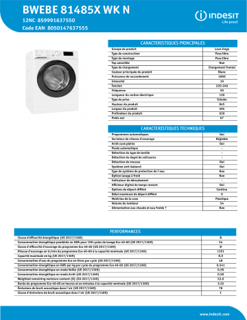 Indesit BWEBE 81485X WK N Washing machine Manuel utilisateur | Fixfr