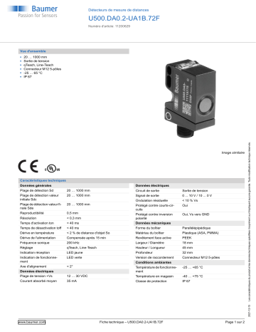 Baumer U500.DA0.2-UA1B.72F Ultrasonic distance measuring sensor Fiche technique | Fixfr
