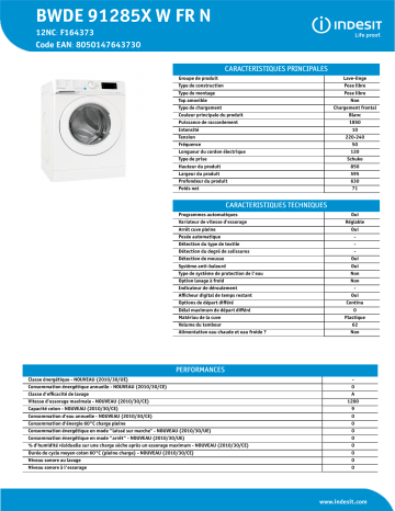 Indesit BWDE 91285X W FR N Washing machine Manuel utilisateur | Fixfr