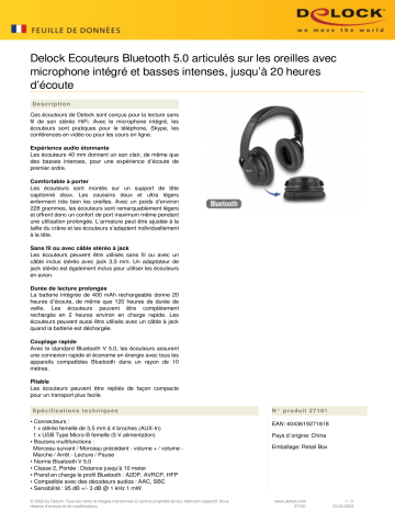 DeLOCK 27181 Bluetooth 5.0 Headphones Over-Ear foldable Fiche technique | Fixfr