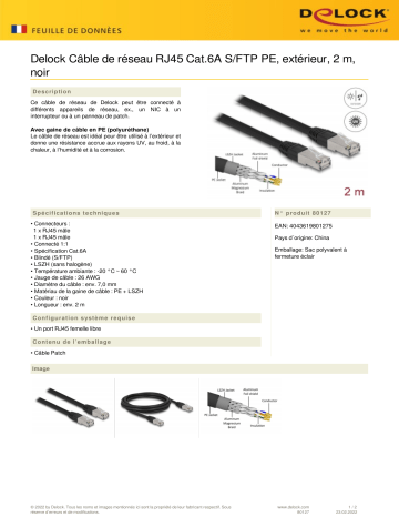 DeLOCK 80127 RJ45 Network Cable Cat.6A S/FTP PE Outdoor 2 m black Fiche technique | Fixfr