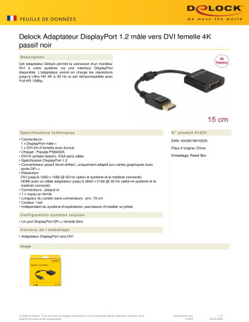 DeLOCK 61023 Adapter DisplayPort 1.2 male to DVI female 4K Passive black Fiche technique | Fixfr