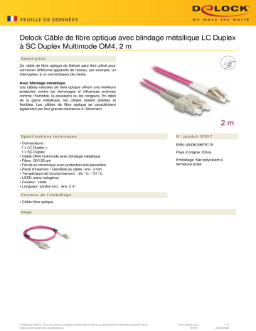 DeLOCK 87917 Fiber Optical Cable Fiche technique | Fixfr