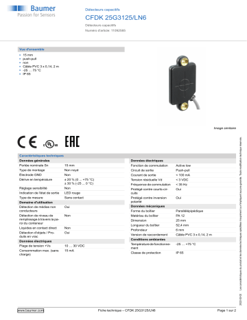 Baumer CFDK 25G3125/LN6 Capacitive proximity sensor Fiche technique | Fixfr