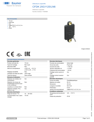 Baumer CFDK 25G1125/LN6 Capacitive proximity sensor Fiche technique | Fixfr