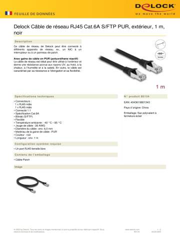 DeLOCK 80134 RJ45 Network Cable Cat.6A S/FTP PUR Outdoor 1 m black Fiche technique | Fixfr