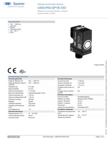 Baumer U500.PA0-GP1B.72O Ultrasonic proximity sensor Fiche technique | Fixfr