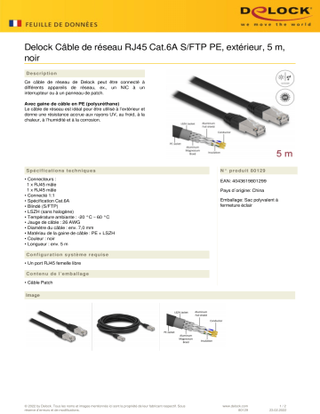 DeLOCK 80129 RJ45 Network Cable Cat.6A S/FTP PE Outdoor 5 m black Fiche technique | Fixfr