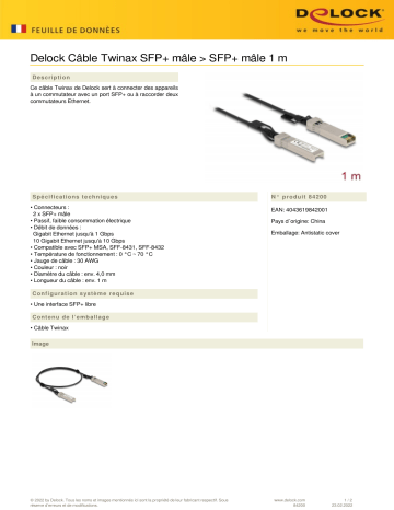 DeLOCK 84200 Cable Twinax SFP+ male to SFP+ male 1 m Fiche technique | Fixfr