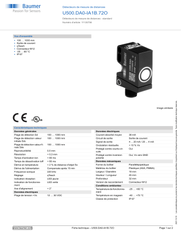 Baumer U500.DA0-IA1B.72O Ultrasonic distance measuring sensor Fiche technique | Fixfr