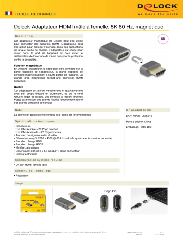 DeLOCK 66684 HDMI Adapter male to female 8K 60 Hz magnetic Fiche technique | Fixfr