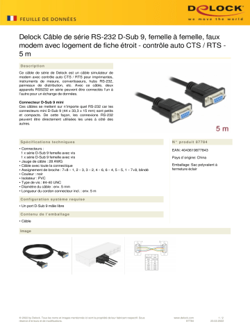 DeLOCK 87784 Serial Cable RS-232 D-Sub 9 female to female null modem Fiche technique | Fixfr