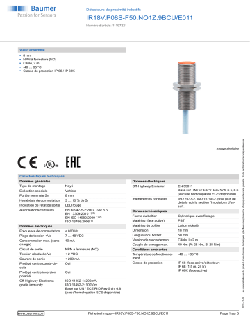 Baumer IR18V.P08S-F50.NO1Z.9BCU/E011 Inductive proximity switch Fiche technique | Fixfr