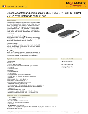DeLOCK 87775 Wireless Display USB Type-C™ Adapter Full HD - HDMI + VGA Fiche technique | Fixfr