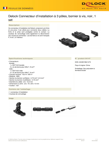 DeLOCK 64147 Installation Connector 3-pole, screw terminal, black, 1 set Fiche technique | Fixfr