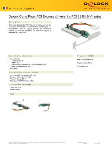 DeLOCK 90062 Riser Card PCI Express x1 to 1 x PCI 32 Bit 5 V Slot Fiche technique | Fixfr