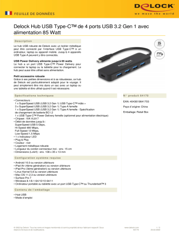 DeLOCK 64170 USB Type-C™ Hub 4 Port USB 3.2 Gen 1 Fiche technique | Fixfr