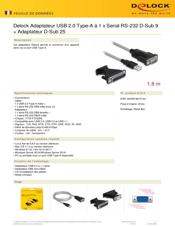 DeLOCK 61314 Adapter USB 2.0 Type-A to 1 x Serial RS-232 D-Sub 9 + Adapter D-Sub 25 Fiche technique | Fixfr