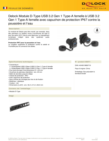 DeLOCK 86971 D-Type Module USB 3.2 Gen 1 Type-A female to USB 3.2 Gen 1 Type-A female Fiche technique | Fixfr