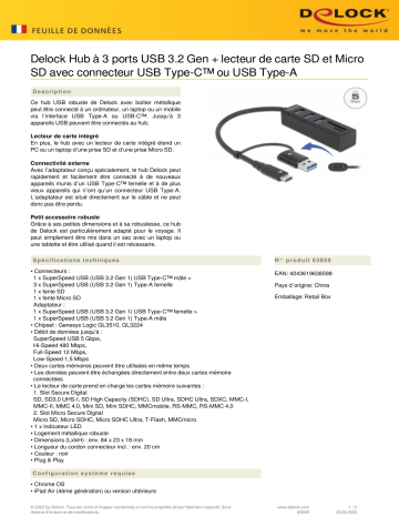 DeLOCK 63859 3 Port USB 3.2 Gen 1 Hub + SD and Micro SD Card Reader Fiche technique | Fixfr