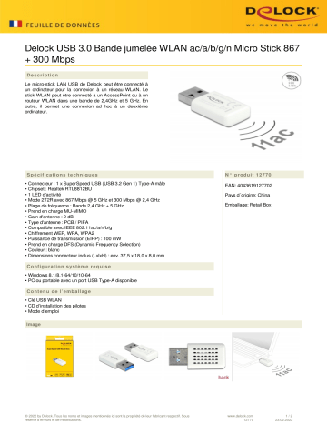 DeLOCK 12770 USB 3.0 Dual Band WLAN ac/a/b/g/n Micro Stick 867 + 300 Mbps Fiche technique | Fixfr