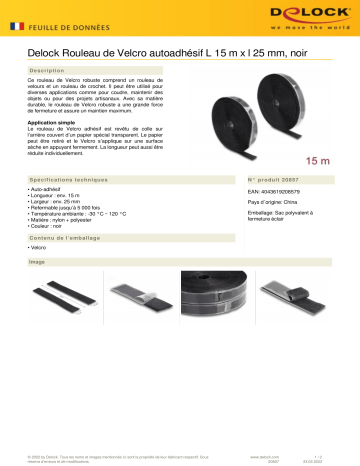 DeLOCK 20857 Heavy-duty Hook-and-Loop tape self-adhesive L 15 m x W 25 mm black Fiche technique | Fixfr